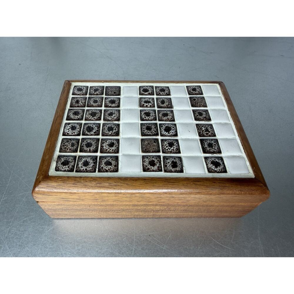 Vintage Rustic Wood Storage Trinket Jewelry Box Ceramic Artistic Top Unique